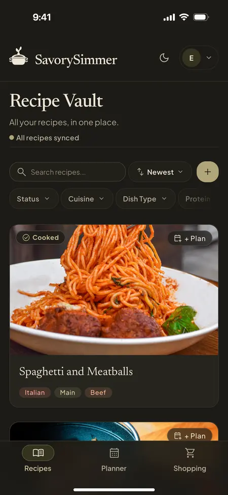 The Recipe Vault in SavorySimmer on a phone: saved recipes, each with its food photo
