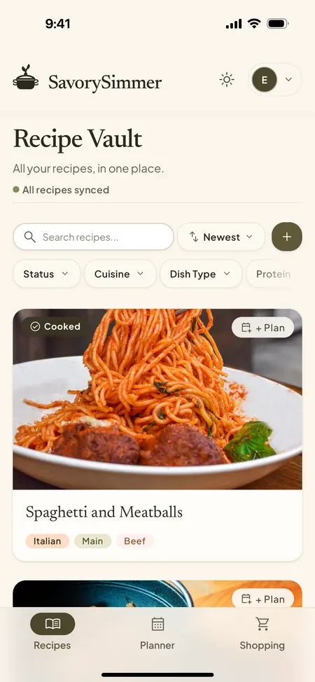 The Recipe Vault in SavorySimmer on a phone: saved recipes, each with its food photo